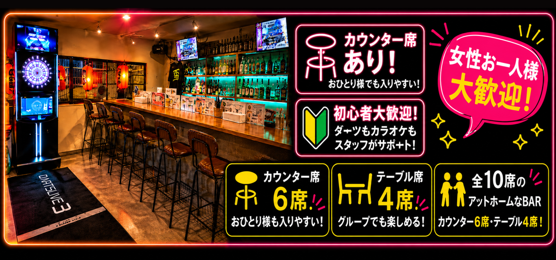 カウンター席あり
おひとり様でも入りやすい

初心者大歓迎
ダーツもカラオケもスタッフがサポート

女性お一人様 大歓迎

カウンター席 6席
おひとり様も入りやすい

テーブル席 4席
グループでも楽しめる

全10席のアットホームなBAR
カウンター6席・テーブル4席